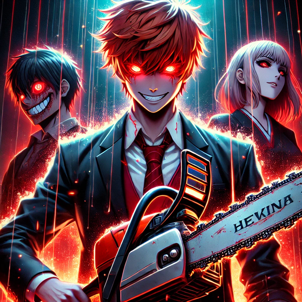 A high-energy anime-style thumbnail for a Chainsaw Man theory post, featuring Denji in his Chainsaw Man form with glowing red eyes, Makima smirking in the shadows, and Reze standing dramatically in the rain, creating an intense and eye-catching composition.