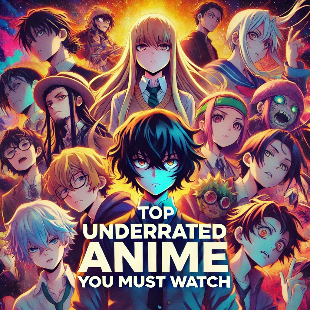 A vibrant anime collage featuring multiple underrated anime characters with the text 'Top Underrated Anime You Must Watch' in the center. The background has a mix of dark and bright tones, making it visually appealing and eye-catching