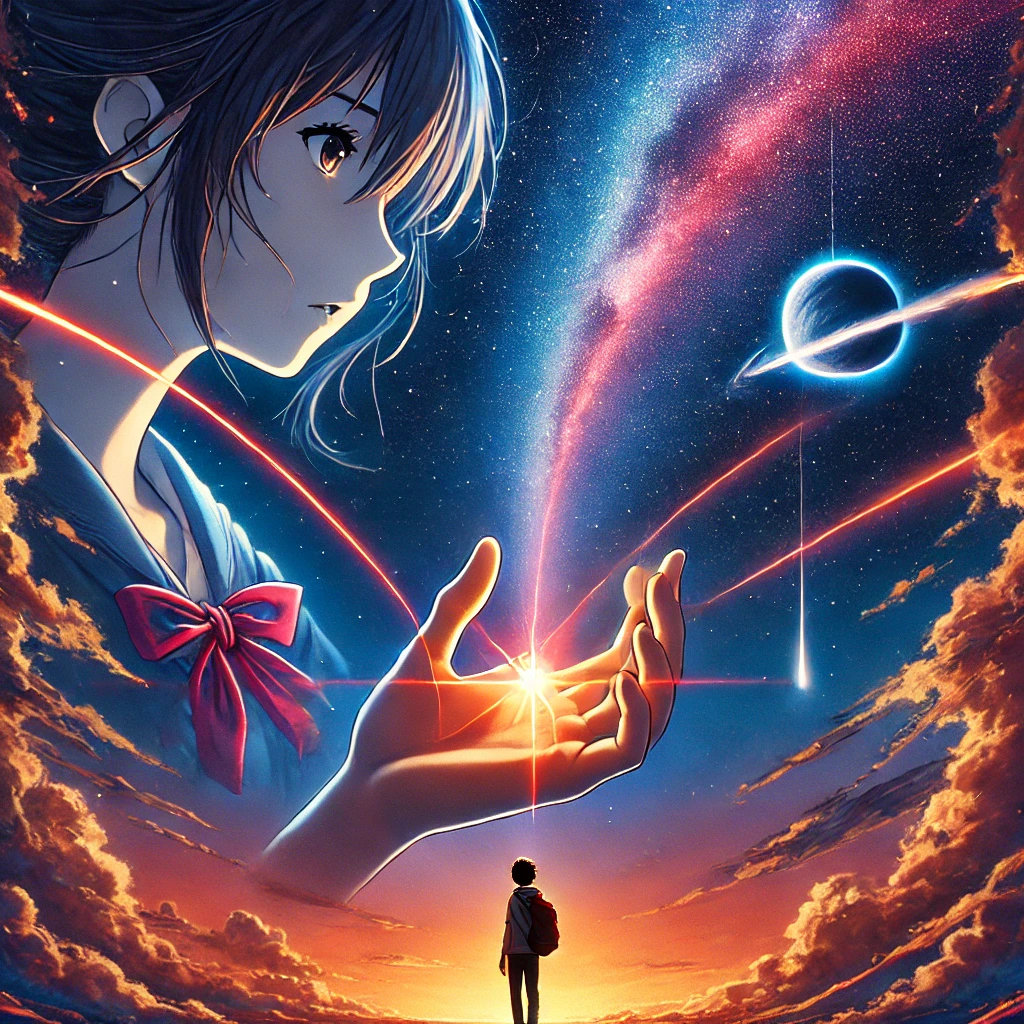 Your Name anime की एक शानदार फीचर इमेज, जिसमें Taki और Mitsuha टिमटिमाते गोधूलि आकाश के नीचे खड़े हैं, उनकी नियति को जोड़ने वाला एक चमकता हुआ लाल धागा, और समय यात्रा का प्रतीक एक धूमकेतु आसमान में गुजर रहा है।