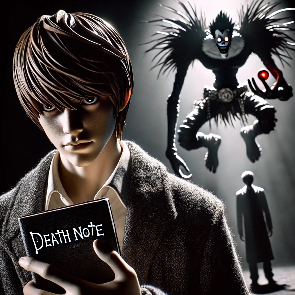 A cinematic and dark-themed Death Note feature image showcasing Light Yagami holding the Death Note with Ryuk hovering behind him, while L stands in the shadows, creating a suspenseful and dramatic atmosphere.