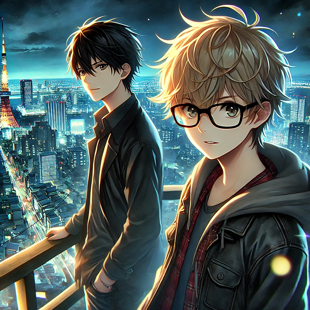 Two teenage boys standing on a rooftop at night, overlooking a futuristic Tokyo cityscape with glowing lights. One boy has short black hair and wears glasses, while the other has messy blond hair and a playful expression. Both are dressed in dark jackets and jeans, creating a mysterious and intense atmosphere.