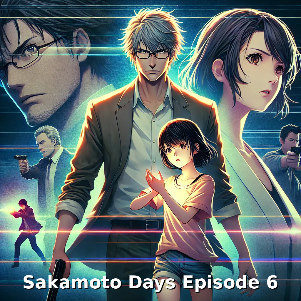 Taro Sakamoto अपनी पत्नी Aoi और बेटी Hana के साथ, बैकग्राउंड में हल्का एक्शन सीन, जो उनकी हिटमैन की पिछली लाइफ को दिखाता है।