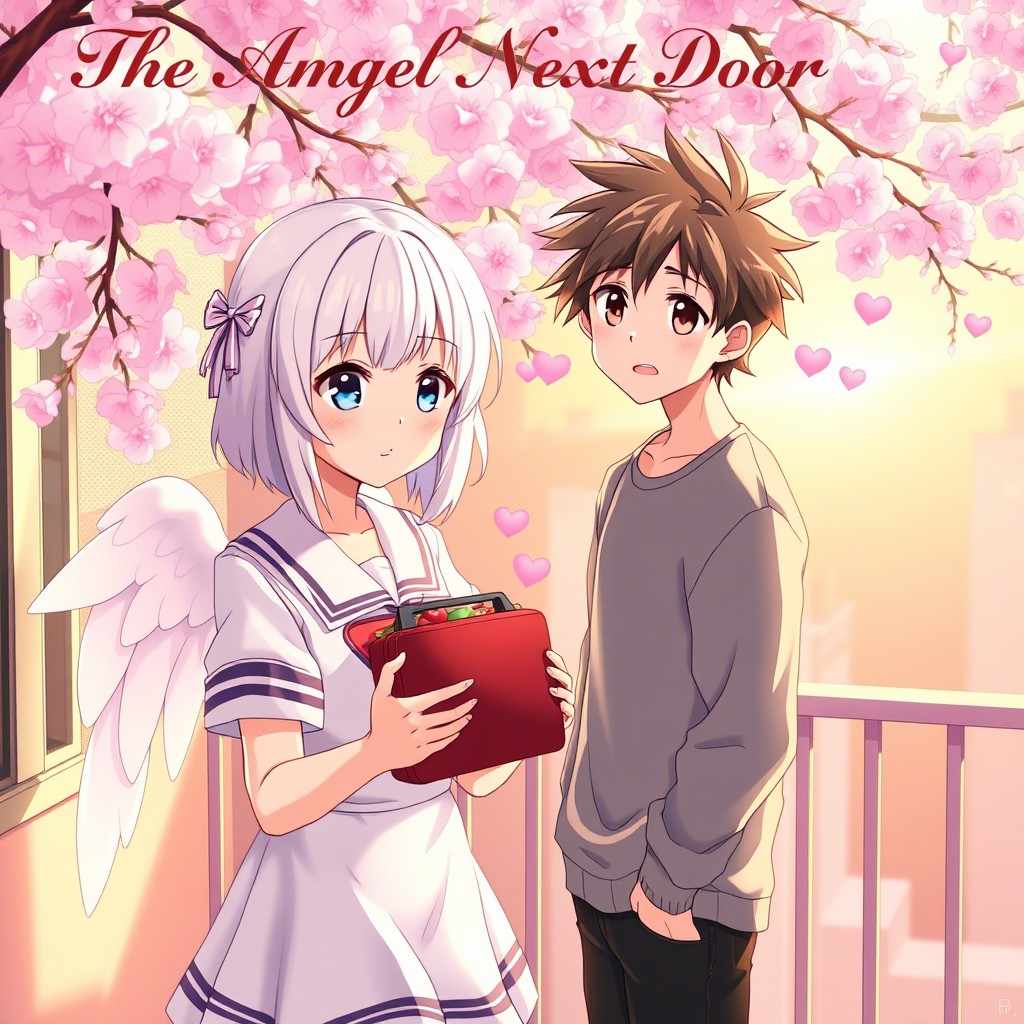 Top 10 Romance Anime The Angel Next Door Spoils Me Rotten featuring angelic girl Mahiru Shiina bringing lunch to her neighbor Aman Fujimiya in romantic cherry blossom setting - best wholesome romance anime recommendation
