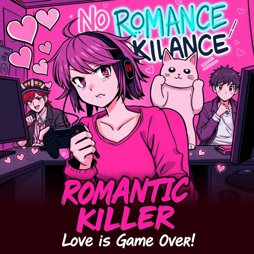 Romantic Killer anime parody poster - Anti-romance comedy featuring gamer girl Anzu rejecting handsome boys and magical cat Riri | Top 10 Unconventional Romance Anime | Best Romance Anime Parody 2023