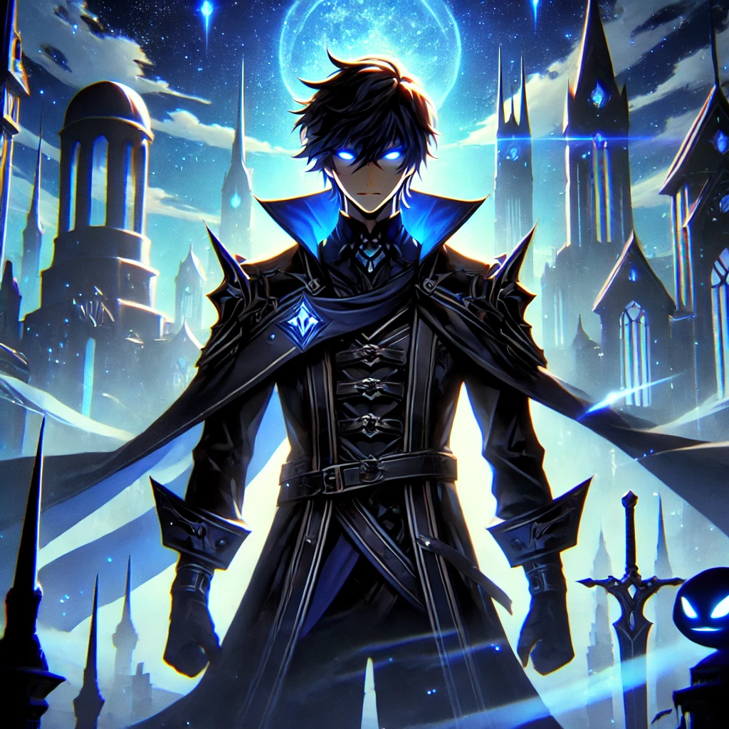 A powerful anime protagonist with glowing blue eyes and a shadowy aura, standing in a neon-lit fantasy cityscape.