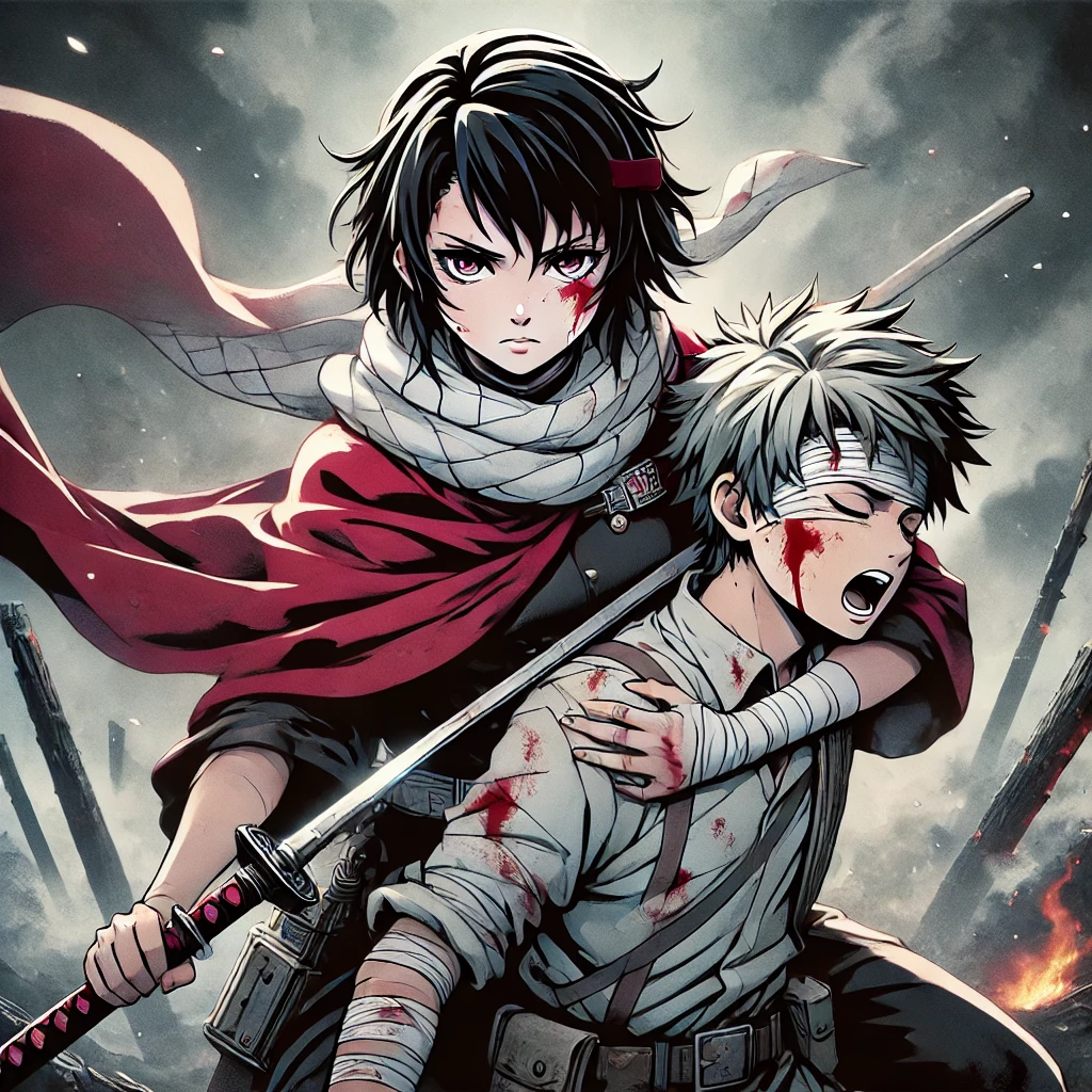 A fierce female warrior protecting a young male fighter in battle, with smoke and destruction in the background