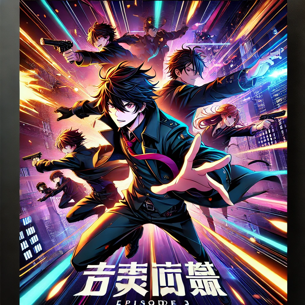 A dynamic and action-packed poster featuring key characters from Sakamoto Days Episode 3, showcasing intense battle scenes and stylish anime aesthetics.