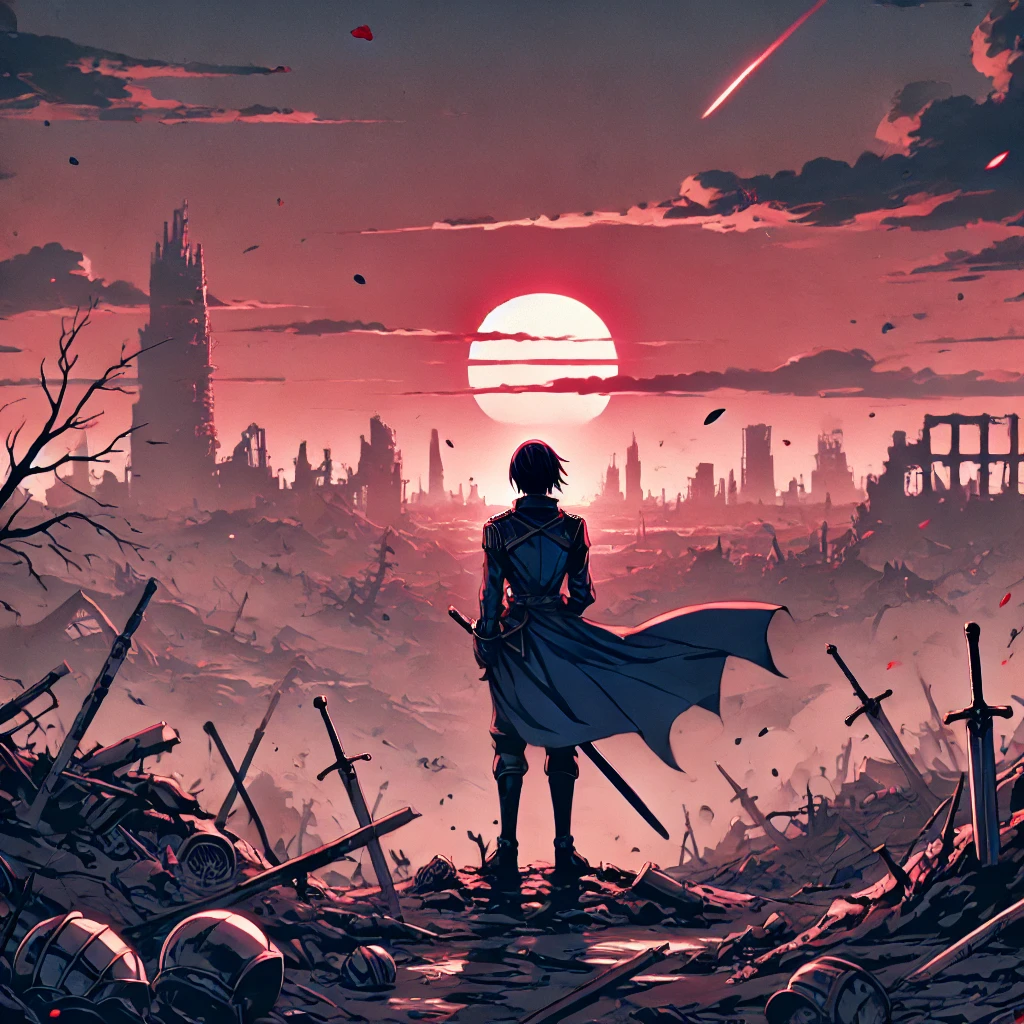 A lone warrior standing in a devastated city after a final battle, with a blood-red sunset in the background.