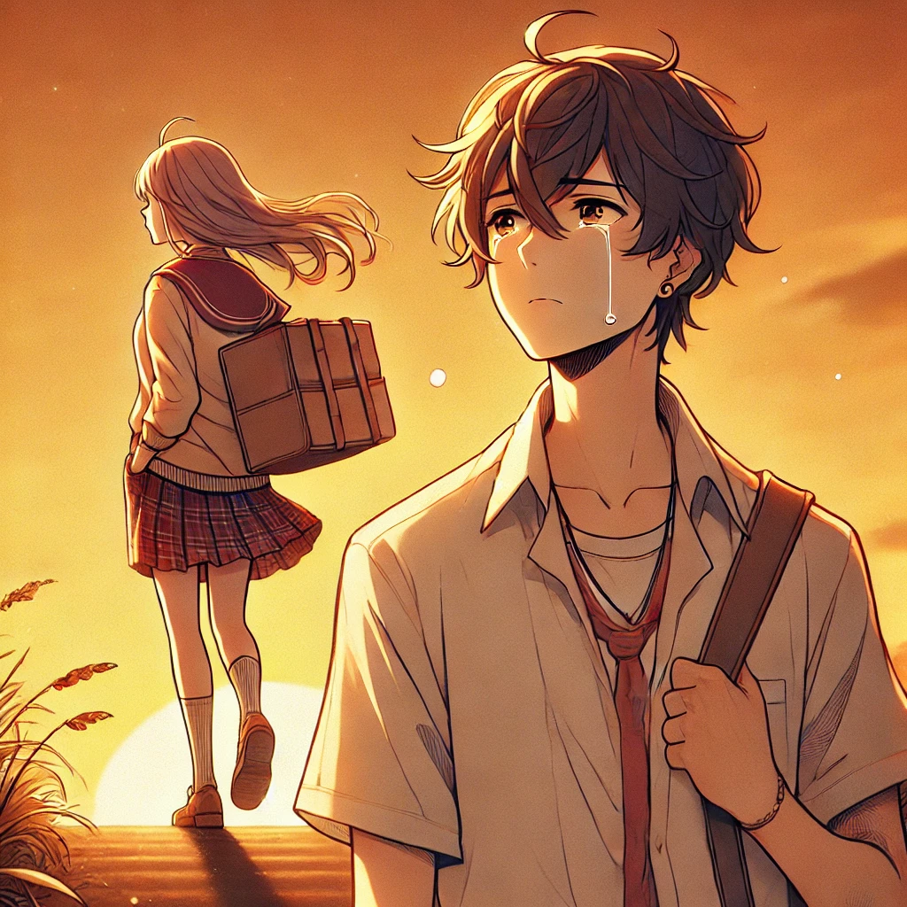 An emotional farewell scene between two close friends, with one walking away into the sunset.