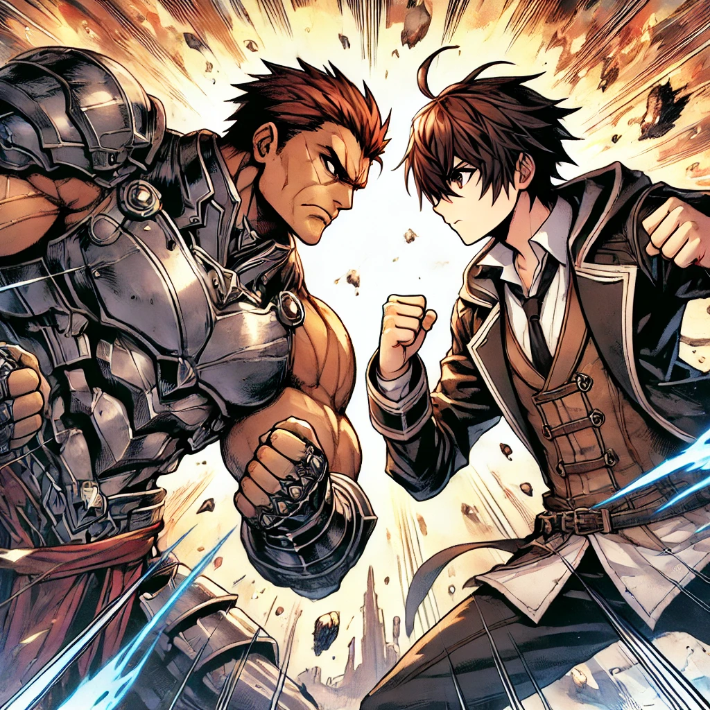Two powerful warriors engaged in an intense anime-style battle with destruction around them.