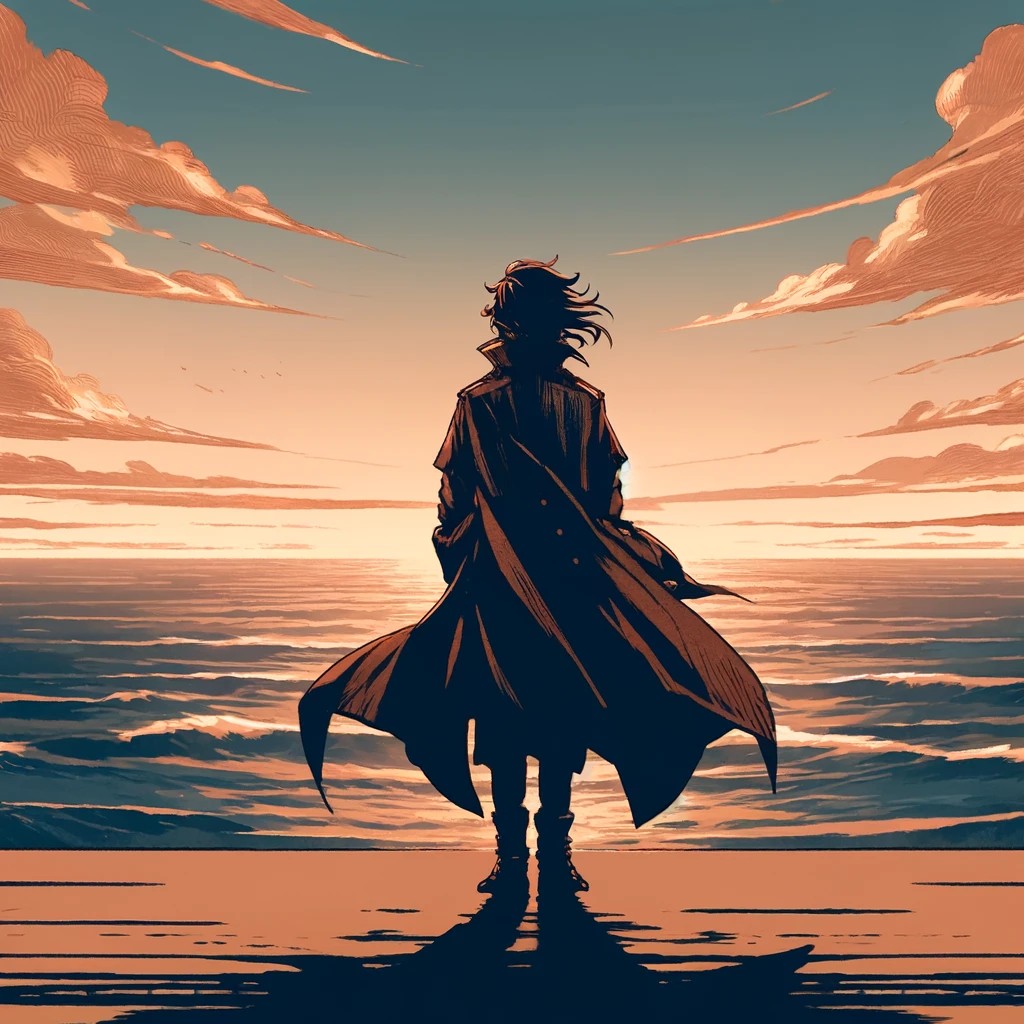 A lone warrior standing in front of the vast ocean, symbolizing longing and freedom