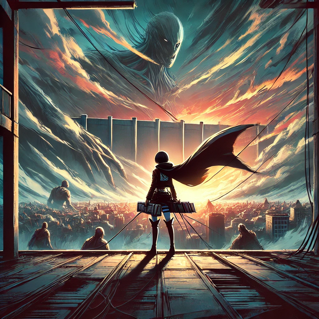 A lone anime-style warrior standing on a rooftop, overlooking a city under attack by massive titans at sunset