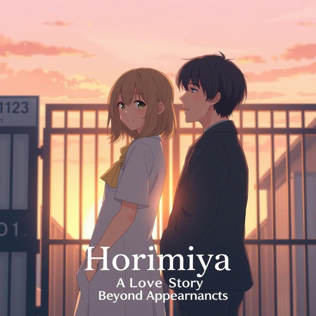 Horimiya anime poster, romantic anime couple, Hori and Miyamura, aesthetic anime love, sunset school background, soft anime art, romantic Japanese anime