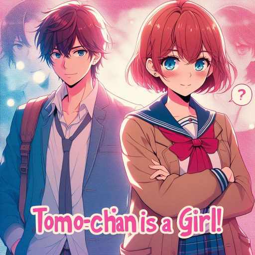 This eye-catching anime-style poster showcases Tomo Aizawa and Junichiro Kubota from Tomo-chan Is a Girl!. Tomo, with her energetic and tomboyish charm, stands confidently in her high school uniform, while Junichiro looks slightly awkward yet protective. The soft pink and blue gradient background enhances the dreamy anime feel, making it a perfect feature image for blog posts, reviews, or discussions about the series.
