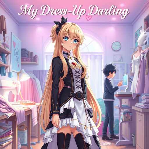 Anime-style poster of My Dress-Up Darling featuring a blonde girl in cosplay and a boy designing clothes in the background