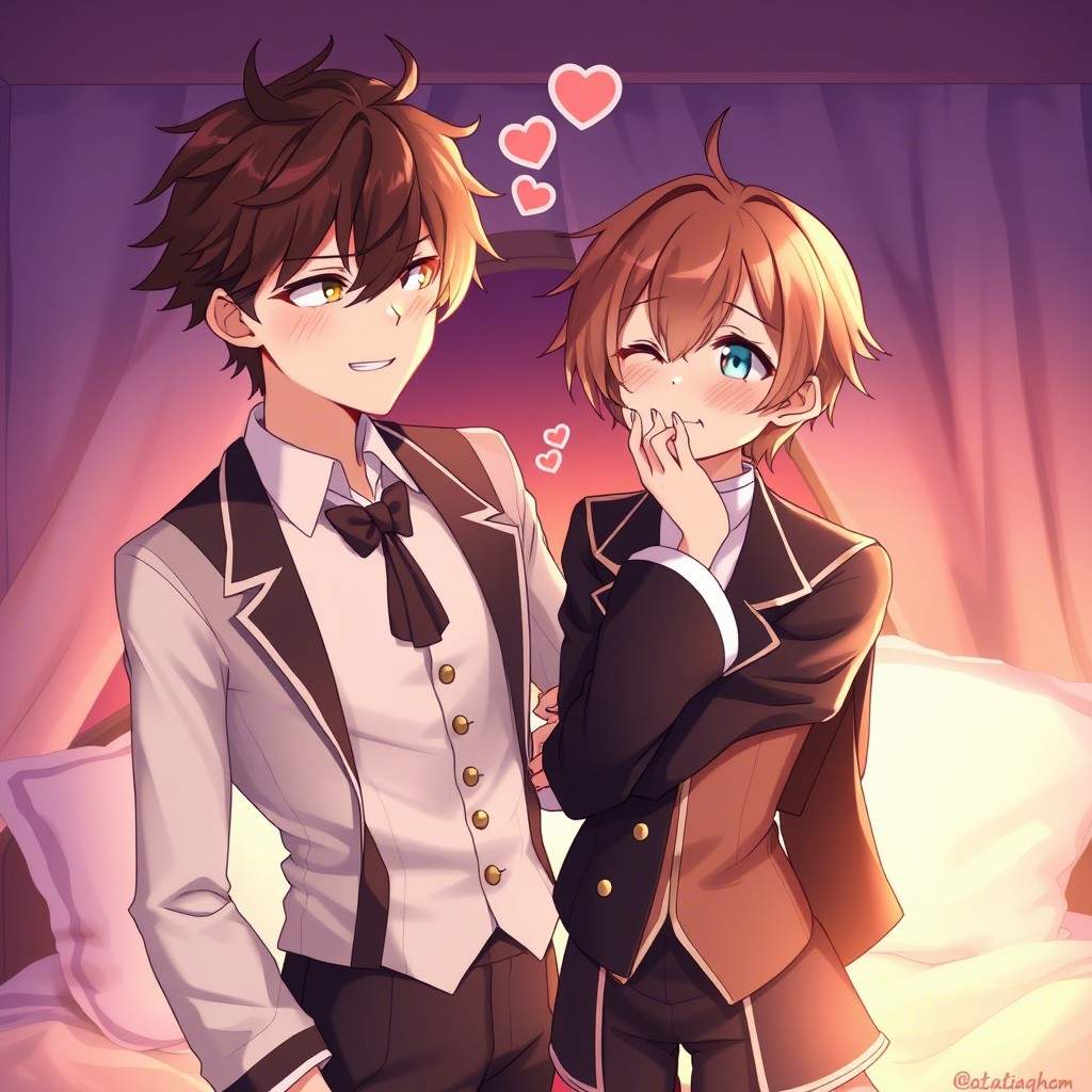 Romantic anime scene of Marin teasing a shy Gojo in a cozy cosplay setup