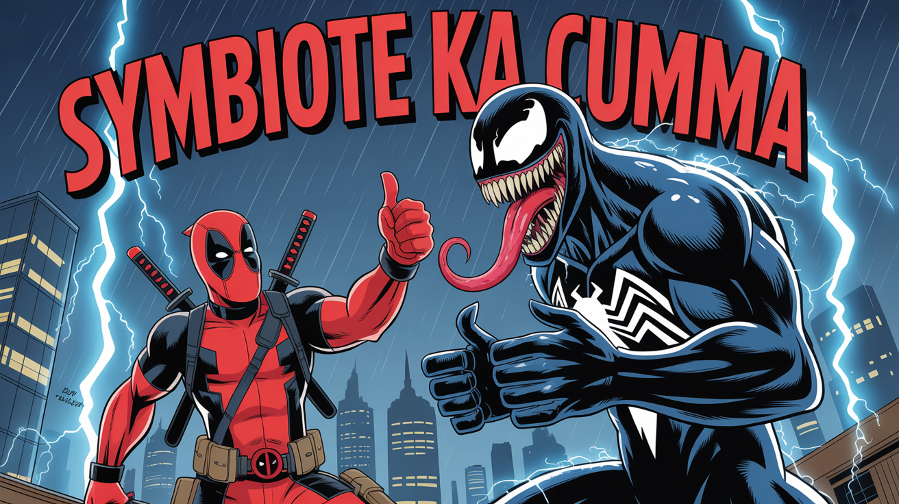AI-generated image of a red and black suited anti-hero resembling Deadpool-Venom fusion, standing on a rooftop with sword and monster Symbiote shadow behind him.