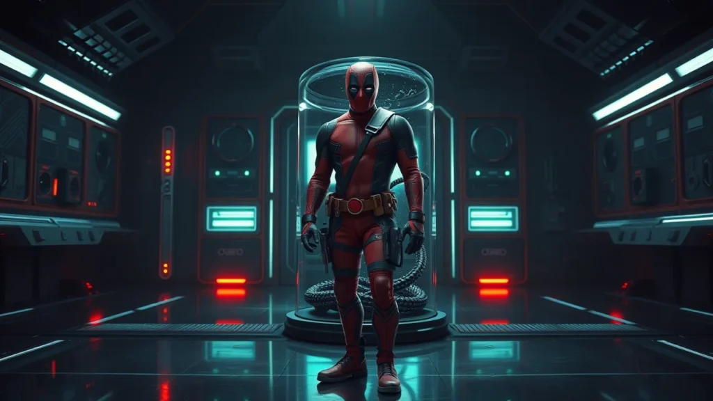 Deadpool looking at a black alien symbiote inside a glass container in a futuristic lab at night