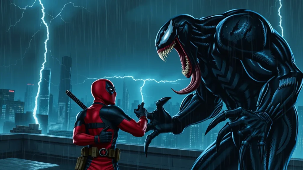 Deadpool and Venom standing face-to-face on a rainy rooftop at night, ready to fight