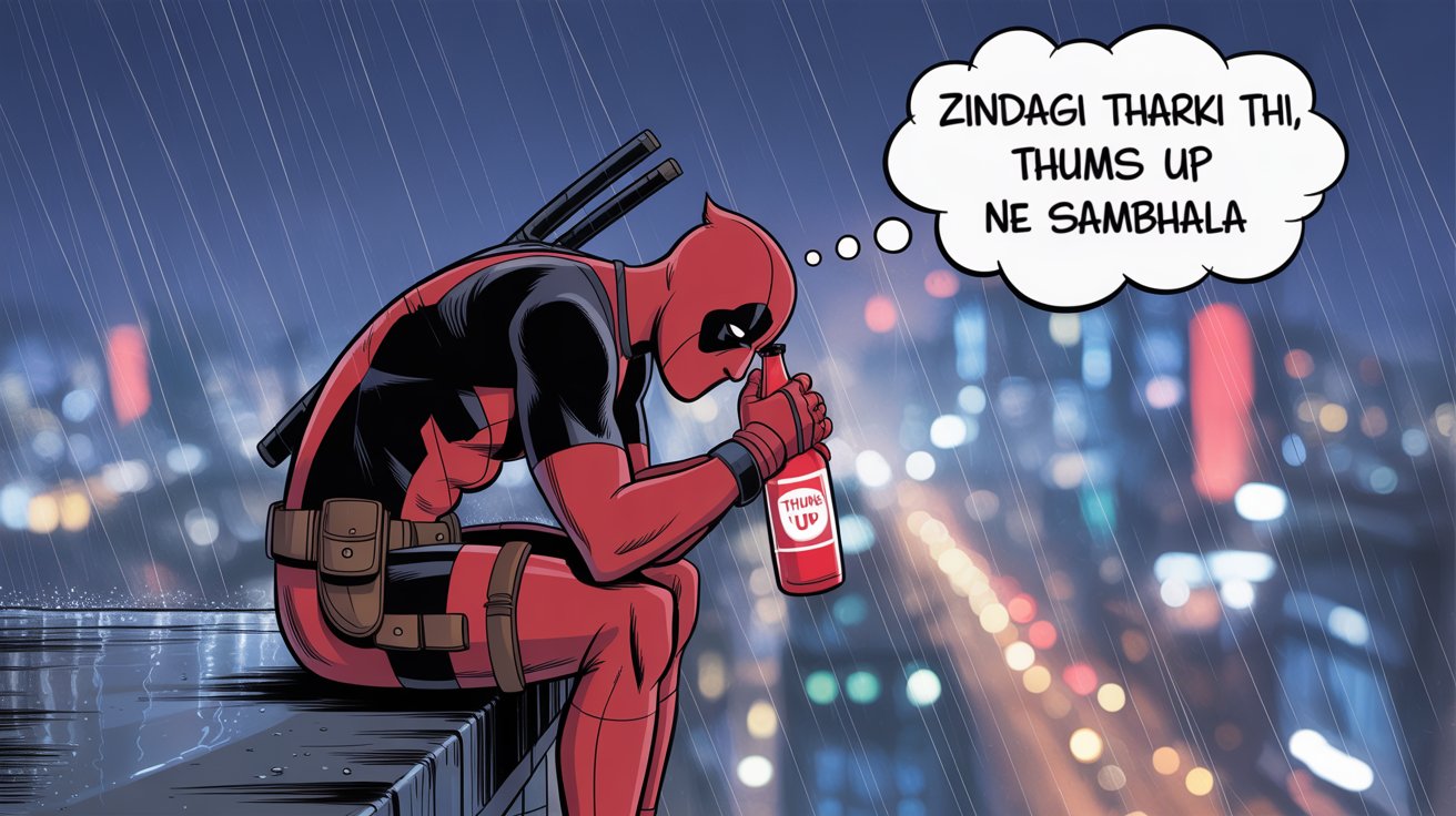 Deadpool sitting alone on a rooftop at night, holding a Thums Up bottle with a funny expression and a desi-style heartbreak mood in 2D comic style.