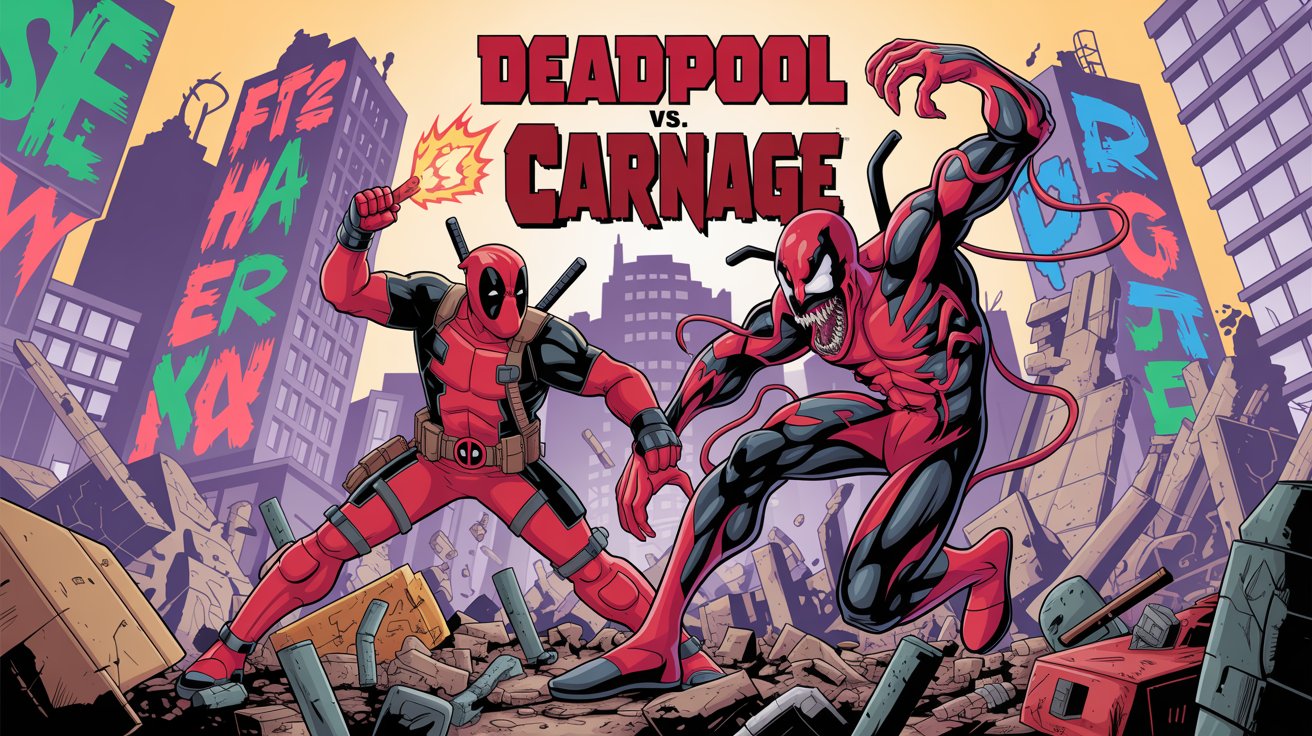 Comic-style 2D thumbnail of Deadpool holding a red chili, facing Carnage in an urban battle scene with graffiti sky and destroyed buildings.