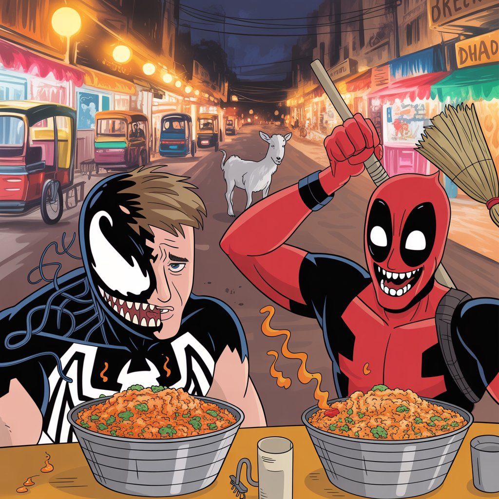 Deadpool and Venom eating biryani at an Indian roadside dhaaba at night, with steam rising, a goat beside them, and Deadpool holding a broom in comic 2D style.