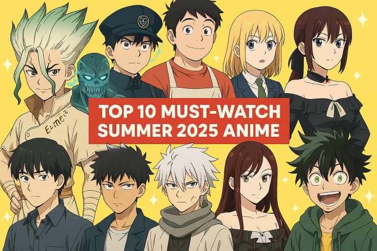 Anime characters from Top 10 Must-Watch Summer 2025 Anime in colorful banner with red title on yellow background.