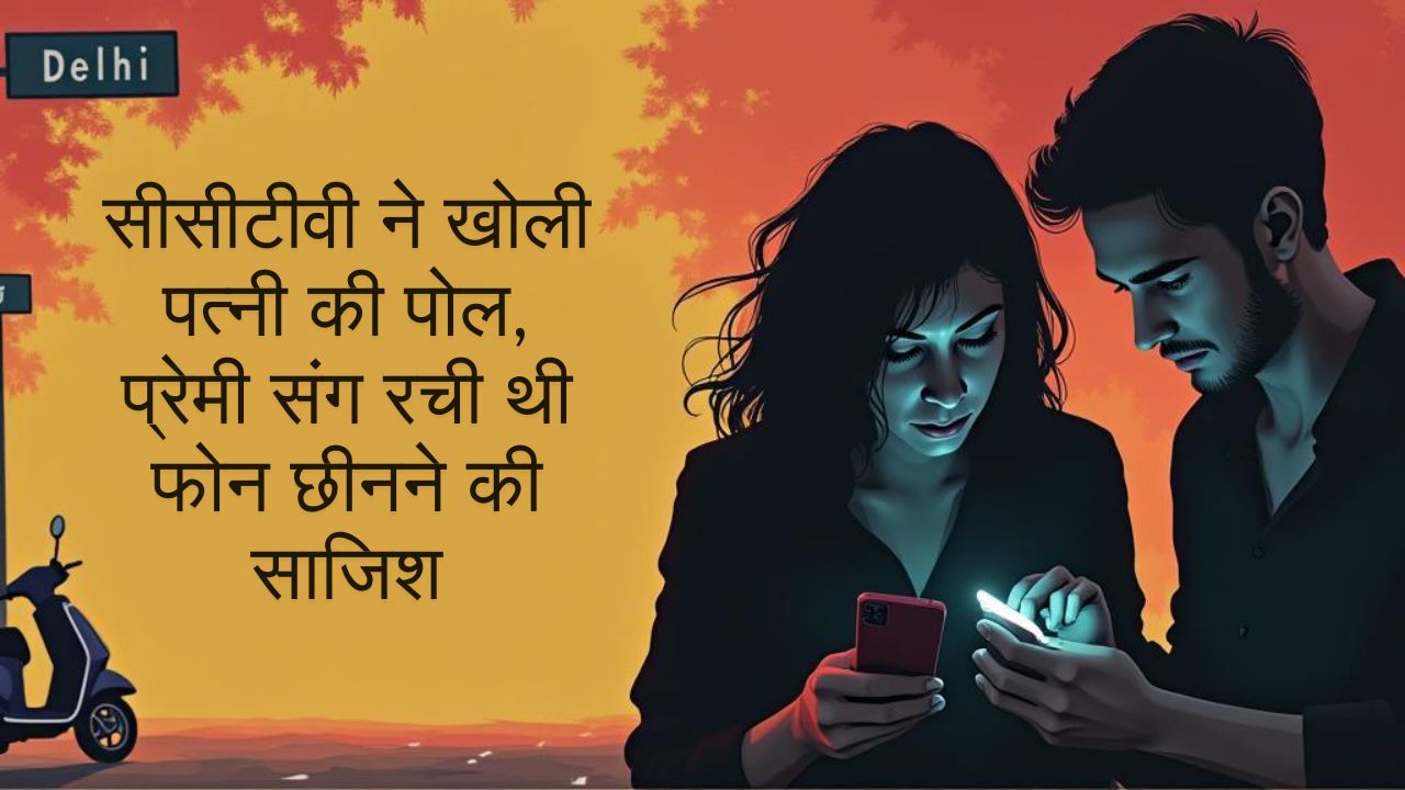दिल्ली क्राइम से जुड़ा थंबनेल जिसमें पत्नी और प्रेमी मिलकर पति का मोबाइल चुराने की योजना बना रहे हैं, बैकग्राउंड में दिल्ली पुलिस टेप और स्कूटी का दृश्य है।